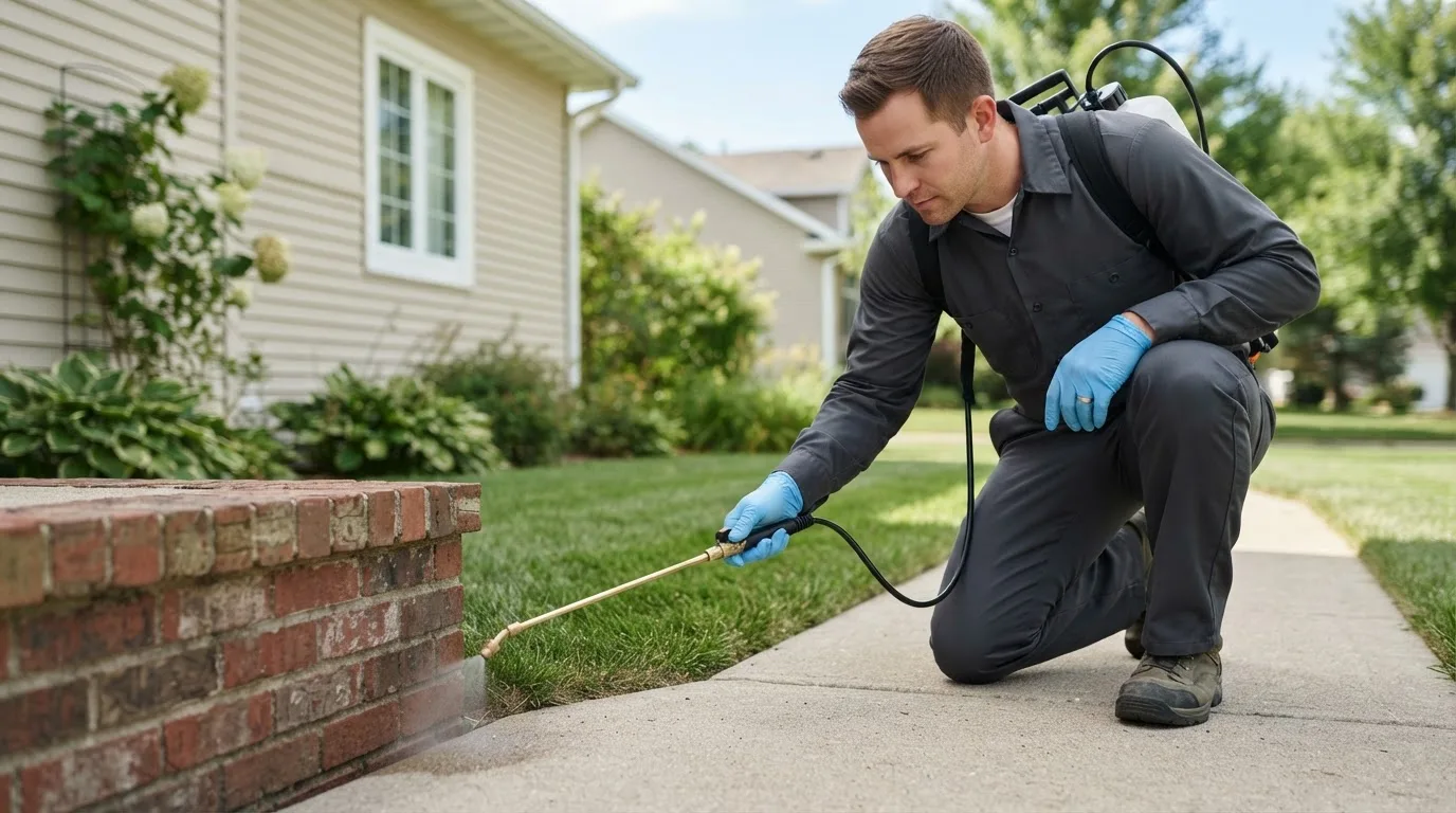 Pest control technician treating a home near Jensen, UT